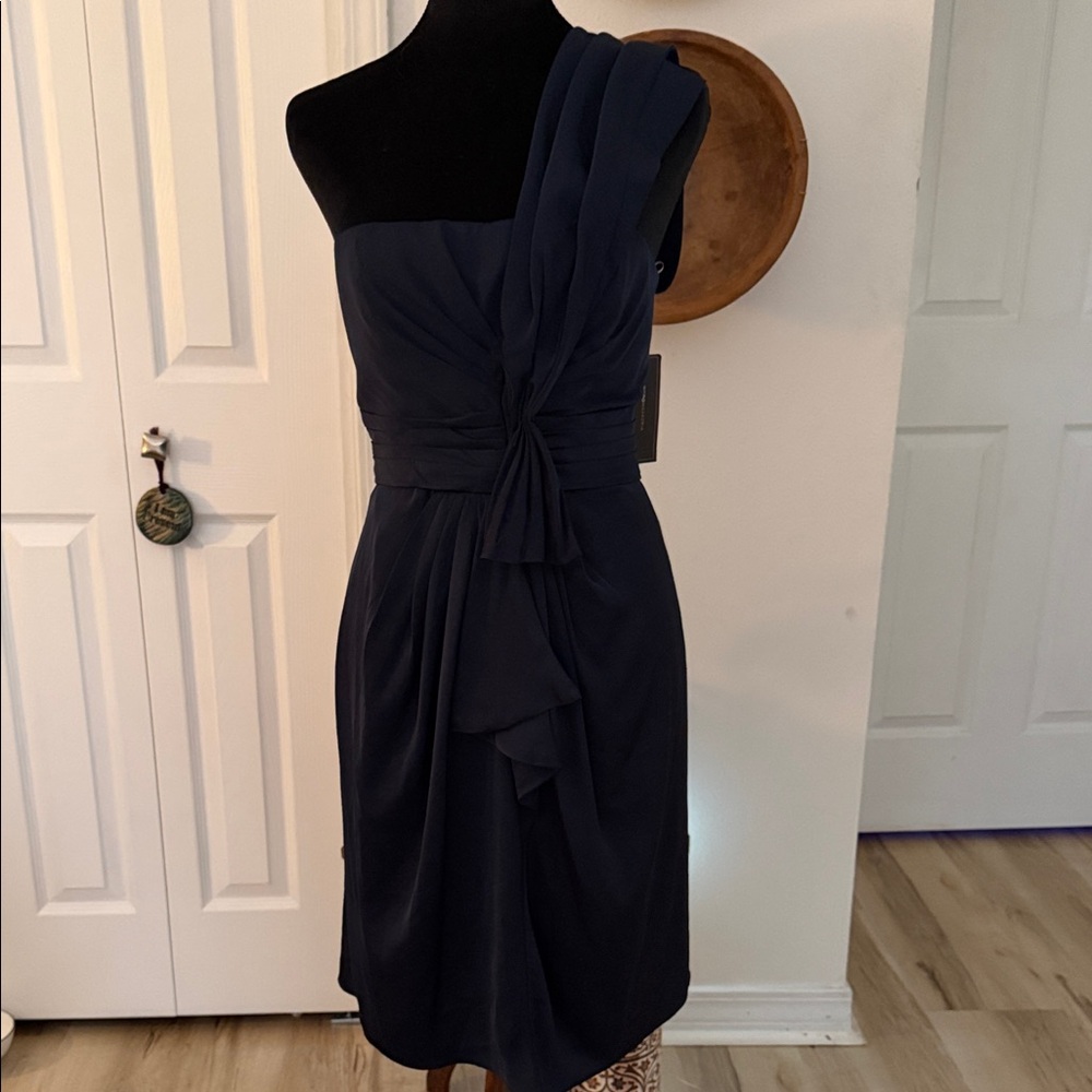 BCBGMaxAzria Navy Asymmetric One-Shoulder Draped Cocktail Dress